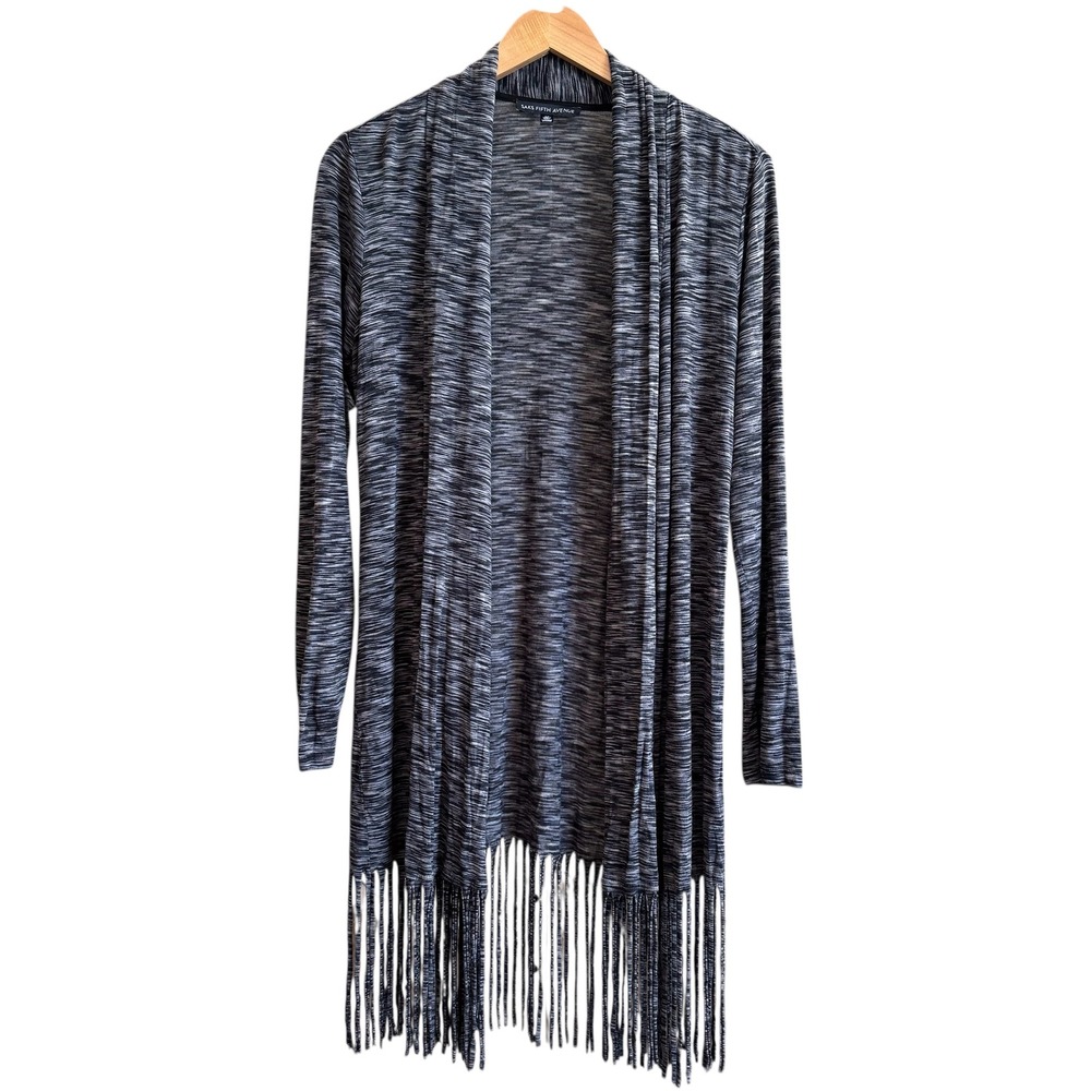 Saks Fifth Avenue Women Black White Marled Fringe Open Cardigan Sweater S #137